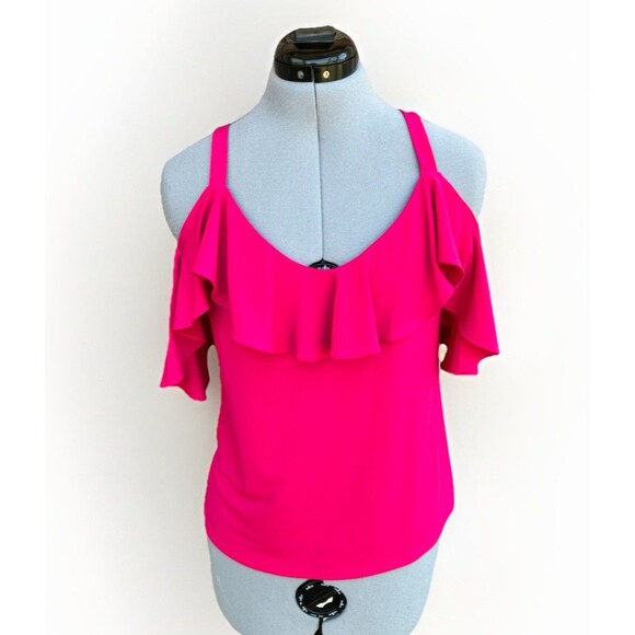 Express Tops - Express Hot Pink Cold-Shoulder Ruffle Top